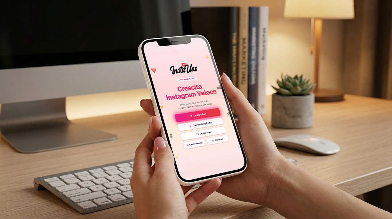 Una donna tiene in mano un iPhone, lo schermo mostra il sito ufficiale di instauno.