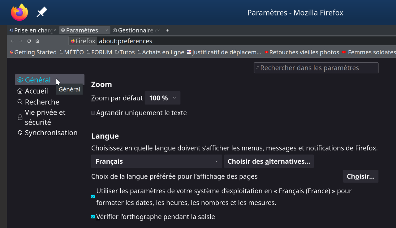Firefox param général langue