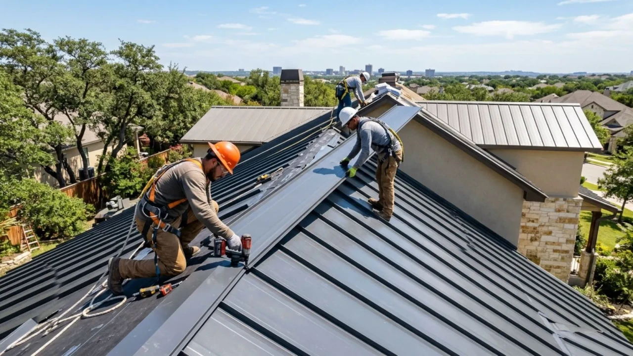 Roofing crew installing standing seam metal panels on a San Antonio home
