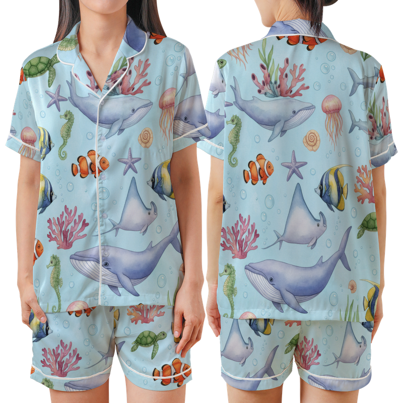 Ocean Animal Satin Short Sleeve Pajamas Set FB
