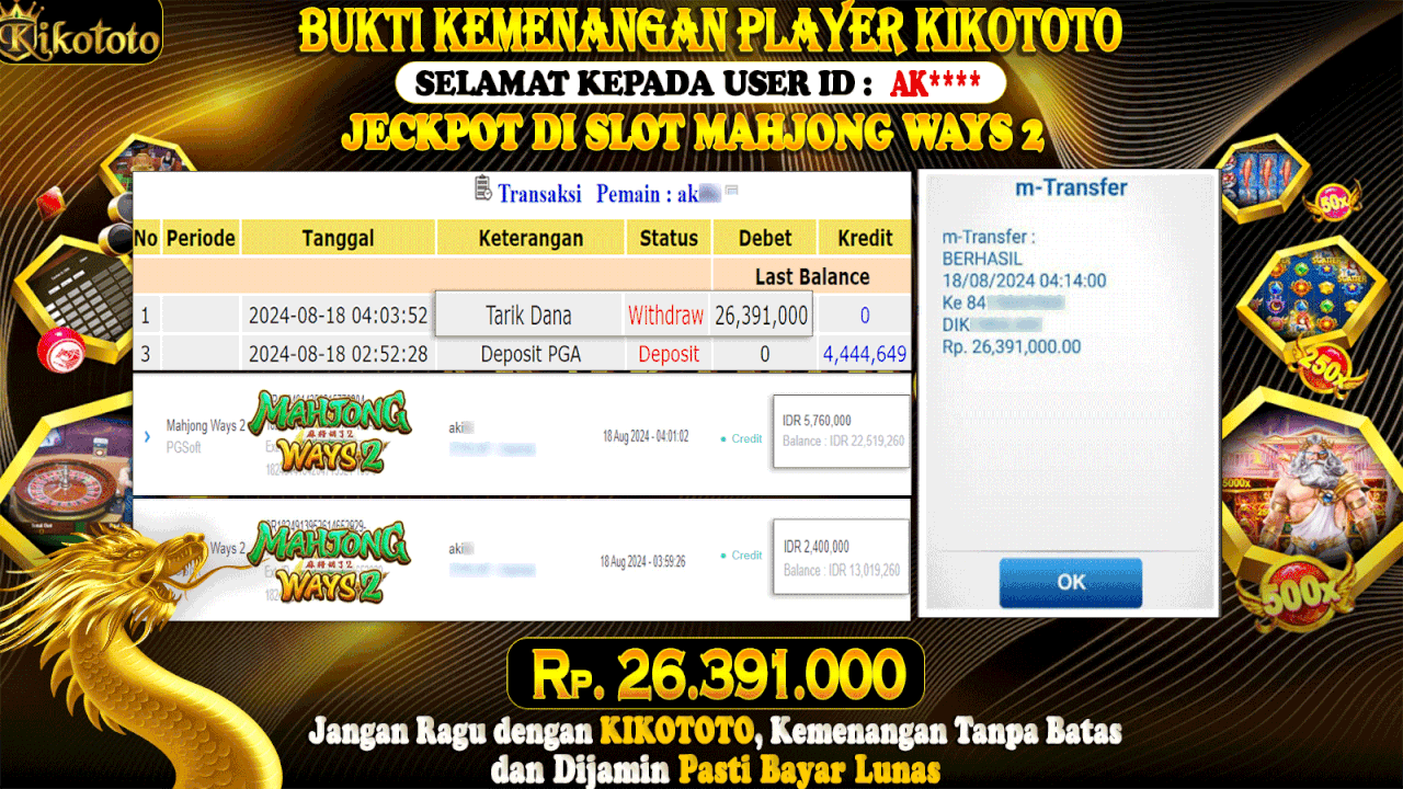 JECKPOTT !!! MENANG PULUHAN JUTA DI SLOT ONLINE MAHJONG WAYS 2 SEBESAR Rp 26,391,000 LANGSUNG DI BAYAR KIKOTOTO !!!!