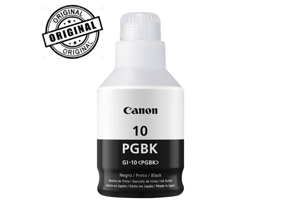 Botella de tinta original Canon GI-10PGBK en color negro.