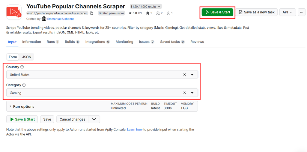 YouTube Popular Channels Scraper input form