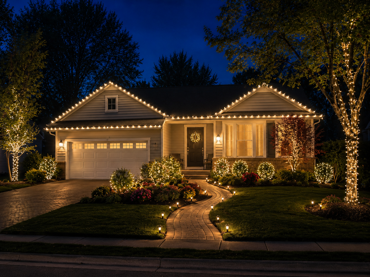 Tree and landscape holiday lighting installation