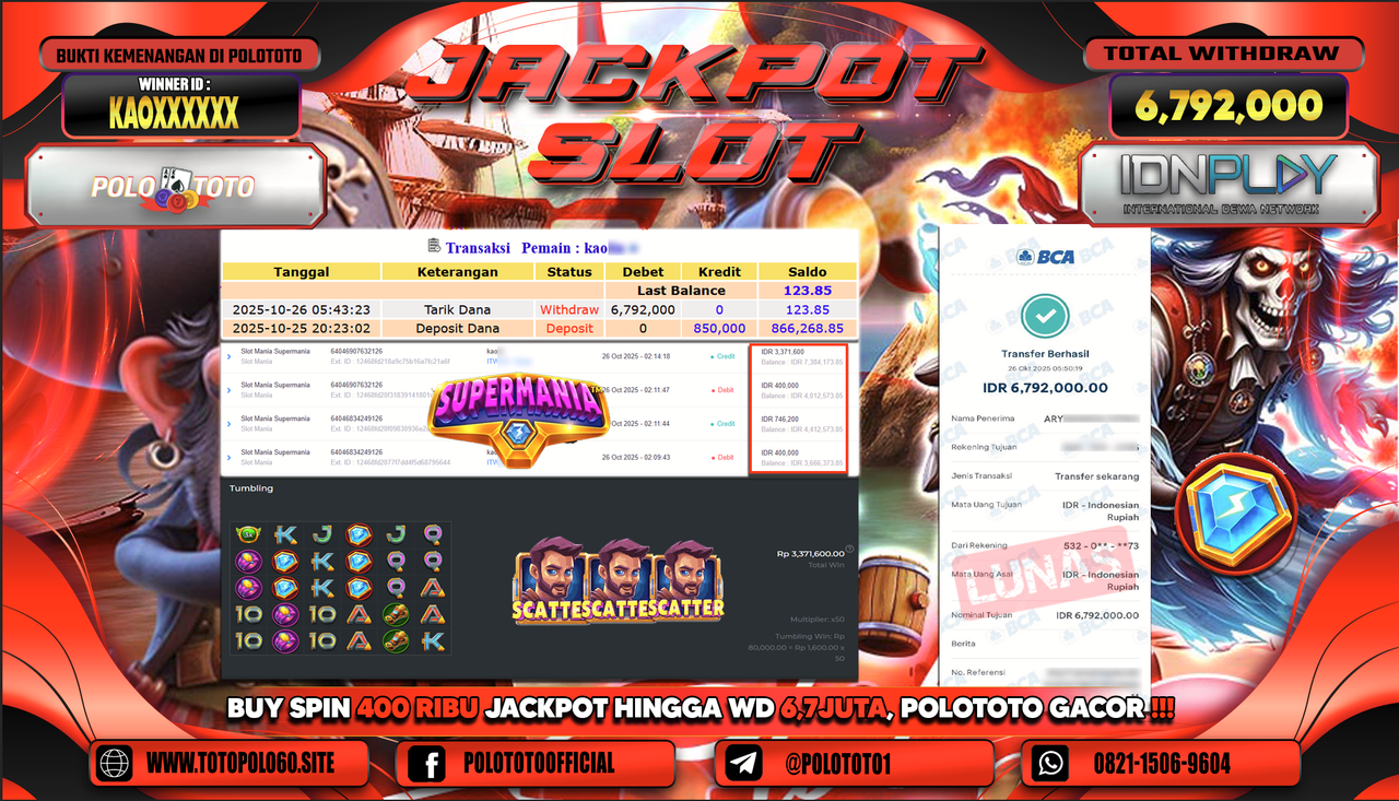 POLOTOTO JACKPOT SLOT MANIA SUPERMANIA Rp.6.792.000,- LUNAS