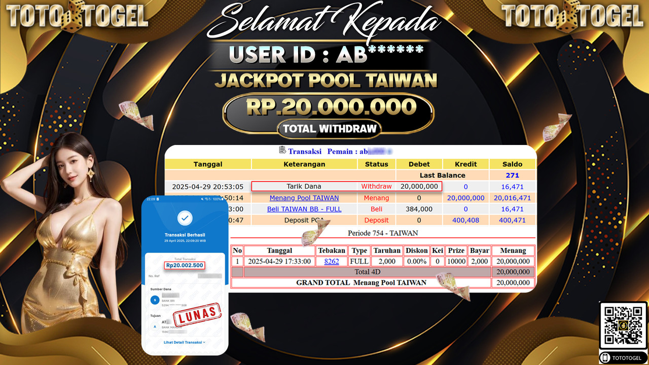 Bukti Pembayaran Jackpot  Permainan Togel Pool Taiwan ID:AB***** LUNAS