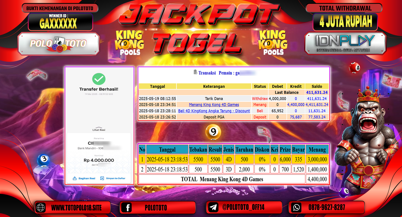 POLOTOTO JACKPOT TOGEL KINGKONG POOLS Rp.4.000.000,-