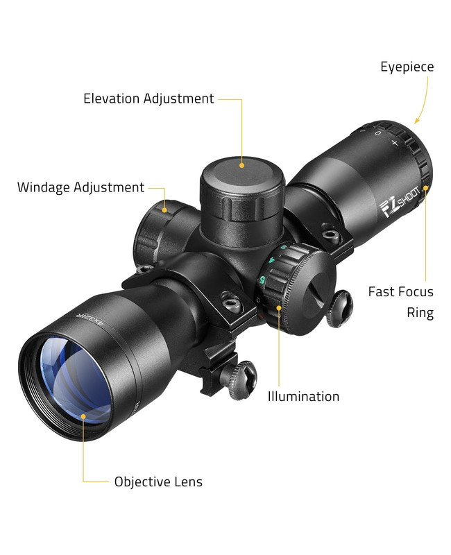 EZshoot 4x32 Crossbow Scope, close-up of the reticle adjustment turrets and build quality.