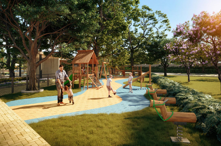 Playground colorido e espaço infantil integrado à natureza