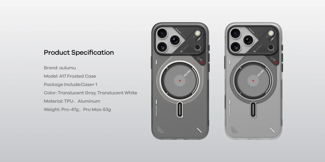 Husa pentru iPhone 17 Pro, Aulumu A17 Frosted, TPU rezistent, Compatibila MagSafe, Efect fosforescent, Protectie Camera, Butoane aluminiu, Racire activa CoolHyper, Protectie premium, Gri/Transparent A17 tpu pc 14