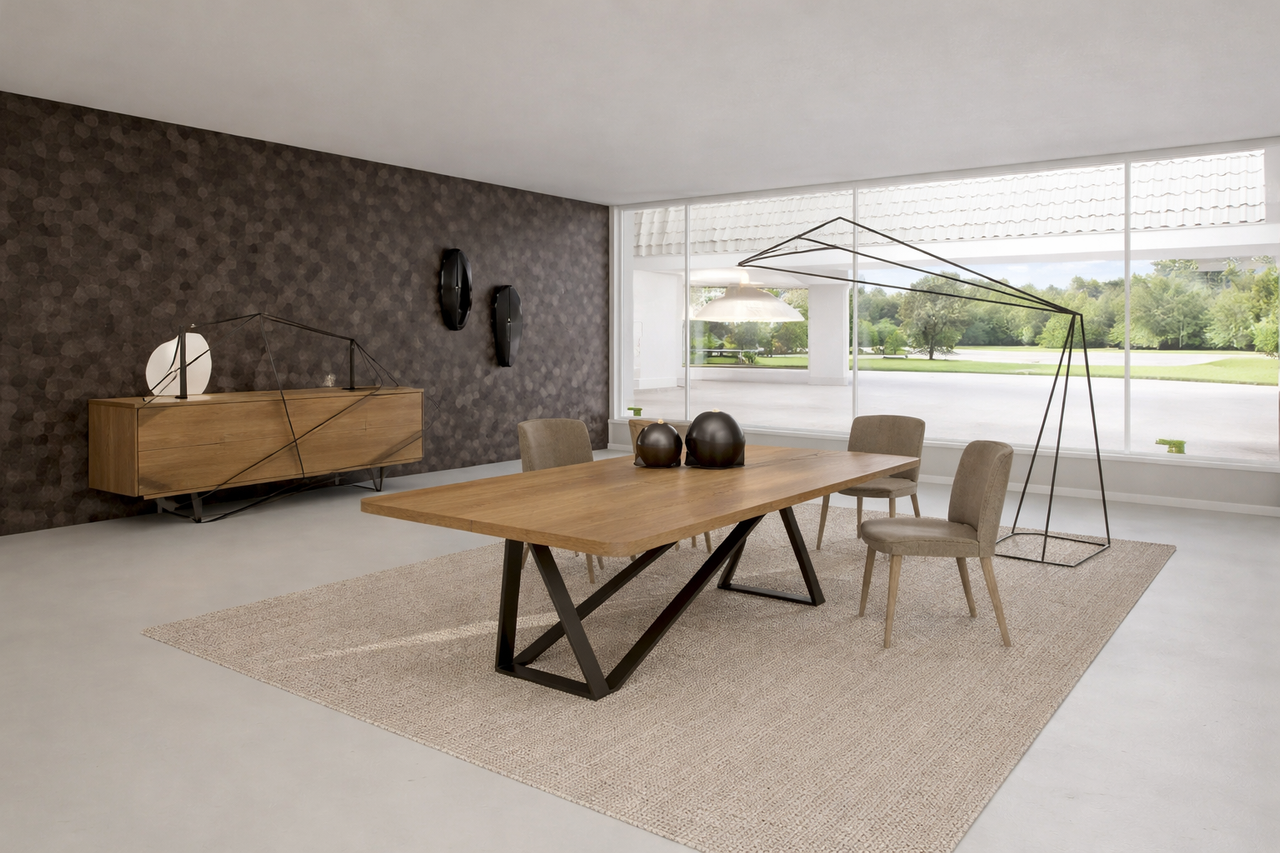 Natural dining area with wooden table and panoramic view.