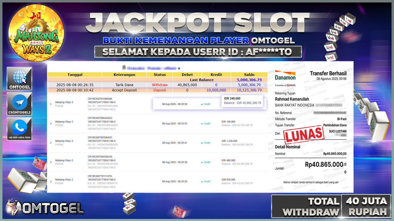OMTOGEL JACKPOT PGSOFT MAHJONG WAYS 2 40 JUTA DI BAYAR LUNAS ,-