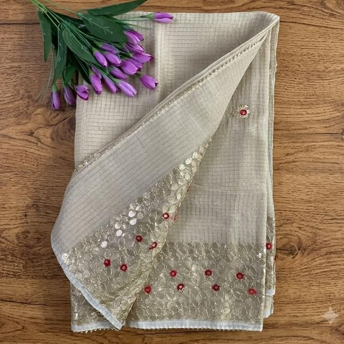 Women's Kota Doriya Gota Patti Saree with Aari Work & Unstitched Blouse Piece
