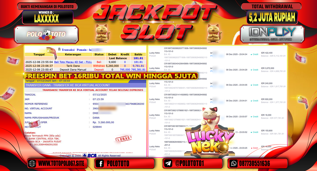POLOTOTO JACKPOT SLOT LUCKY NEKO Rp.5.200.000,- LUNAS