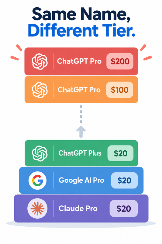 ChatGPT Pro vs Claude Pro vs Google AI Pro tier ladder diagram