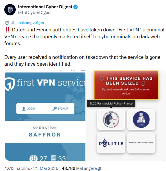 First VPN beschlagnahmt