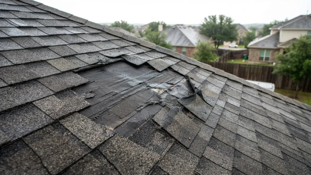 Exterior roof damage warning signs on a San Antonio home including missing shingles and visible wear