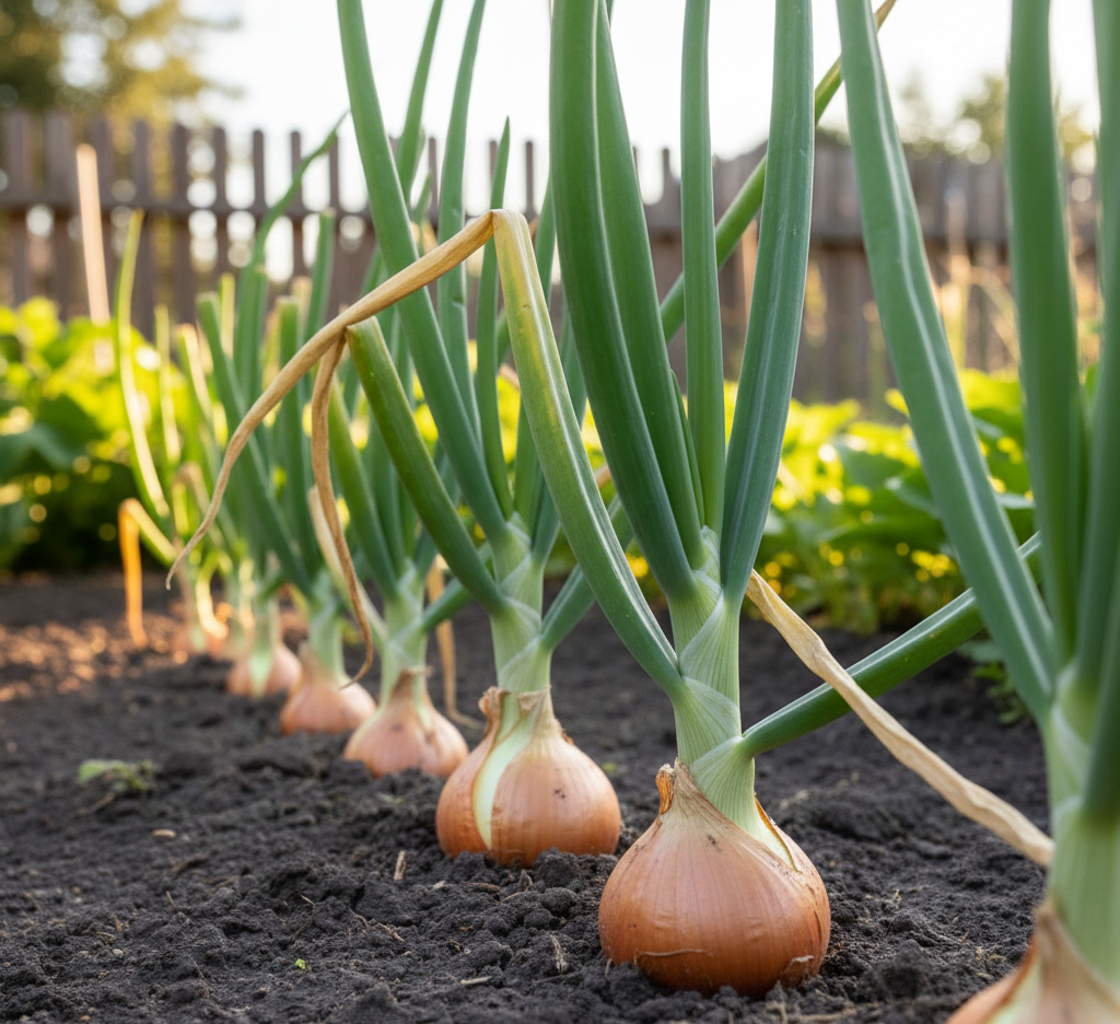 Onion bulb formation stage showing bulbs developing underground