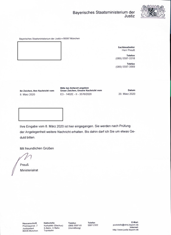 Potwierdzenie Minister Sprawiedliwości Bawarii