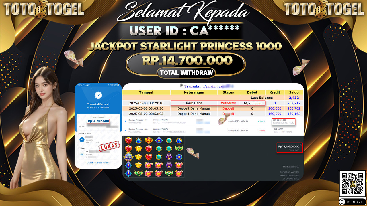 Bukti Pembayaran Jackpot  Permainan Slot Starlight Princess 1000 ID:CA***** LUNAS