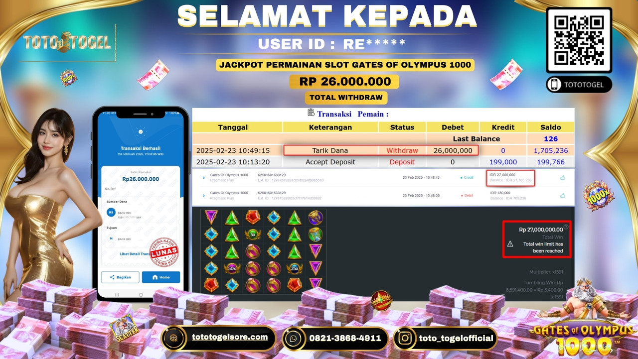 Bukti Pembayaran Jackpot  Permainan Slot Gates Of Olympus 1000  ID:RE***** LUNAS