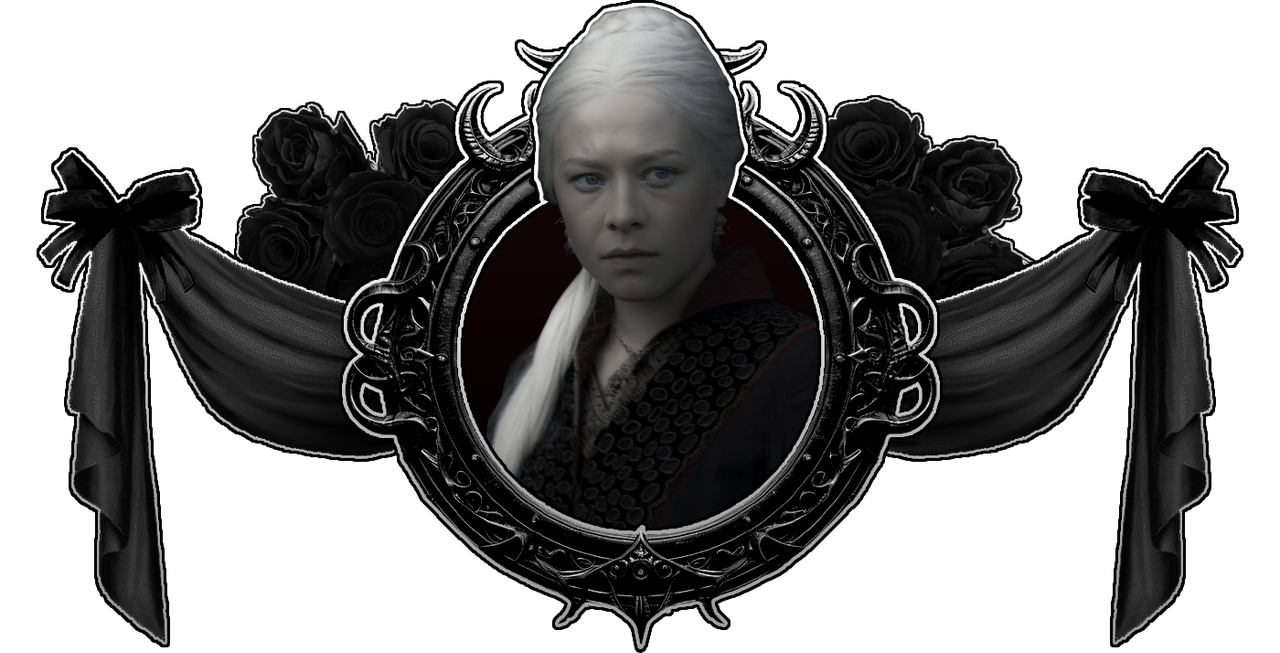 a graphic of rhaenyra from house of dragon surrounded by a black dragon frame, black curtains, and black roses.