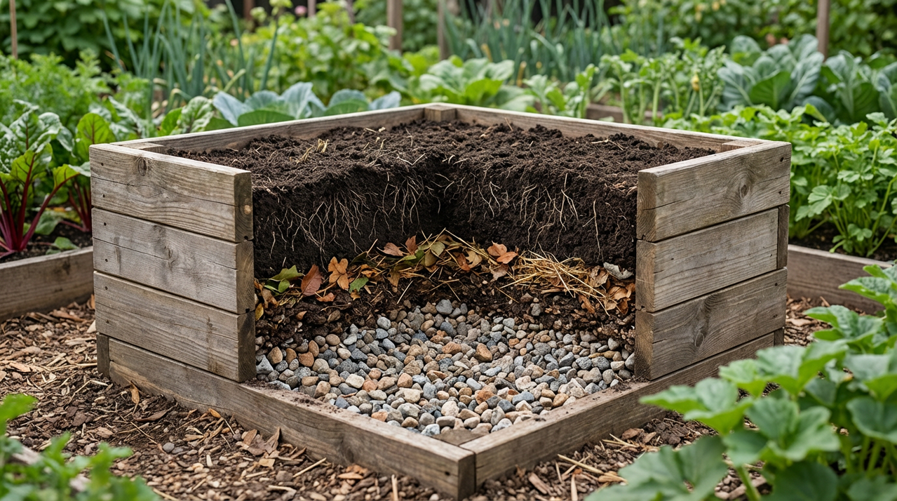 Слои наполнения высоких грядок: дренаж, органика и почва
