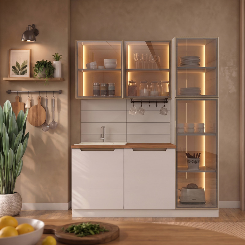 Hera 170 cm Mutfak Dolabı Seti %100 MDF Ledli Boy Dolaplı Lavabolu Raflı Mutfak Dolabı Takımı 5 Modül Tezgah Dahil Bej