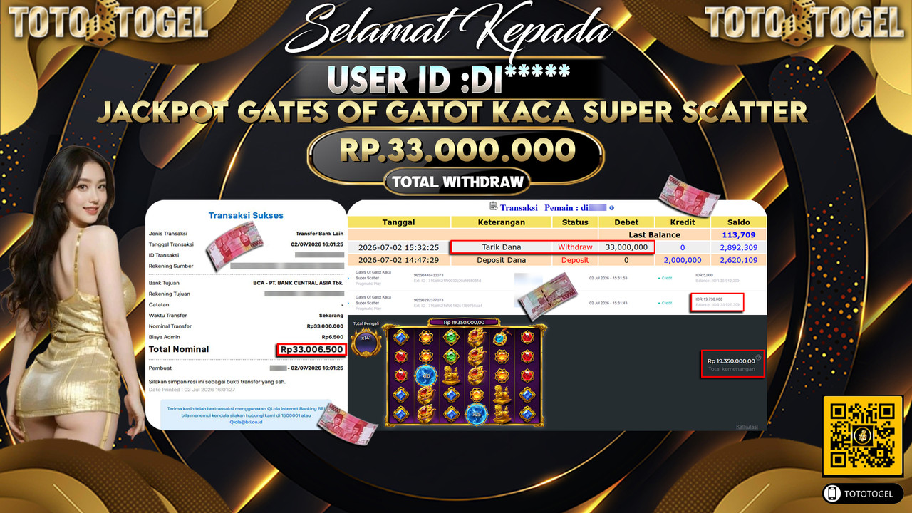 Bukti Pembayaran Jackpot Permainan Slot Gates Of Gatot Kaca Super Scatter ID:DI*****LUNAS