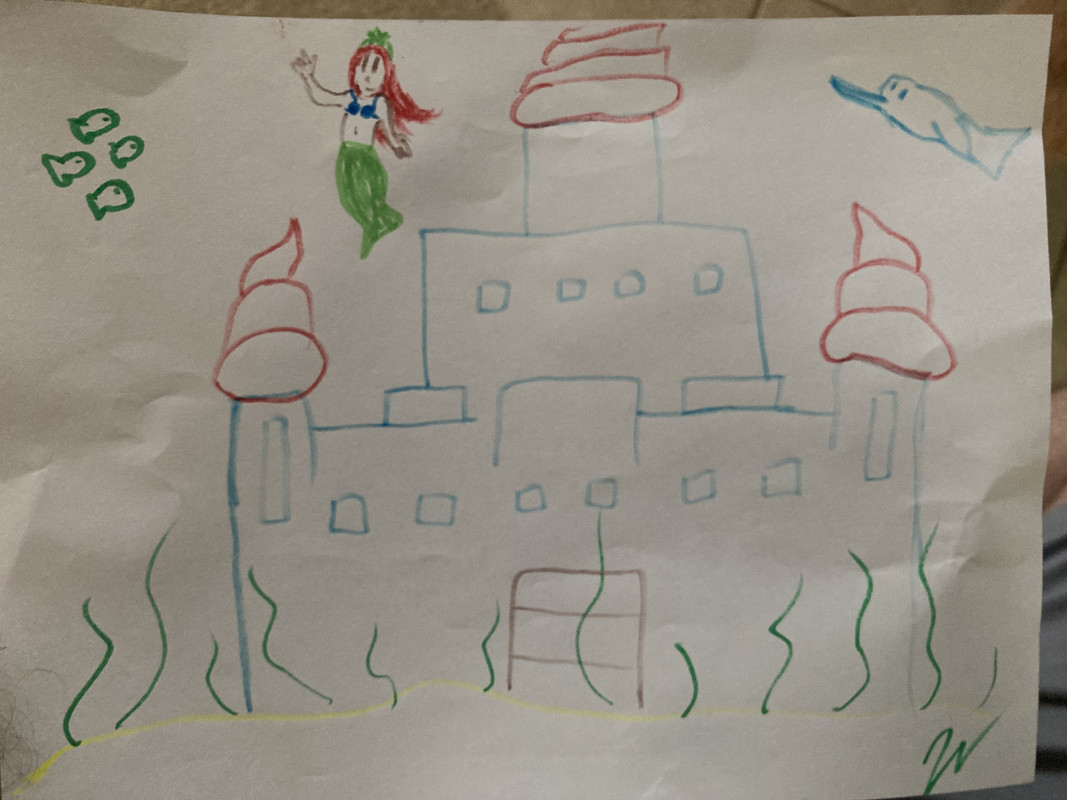 marker art of a mermaid with red hair and a green tail swimming above an undersea palace. Green fish and a dolphin are also shown.