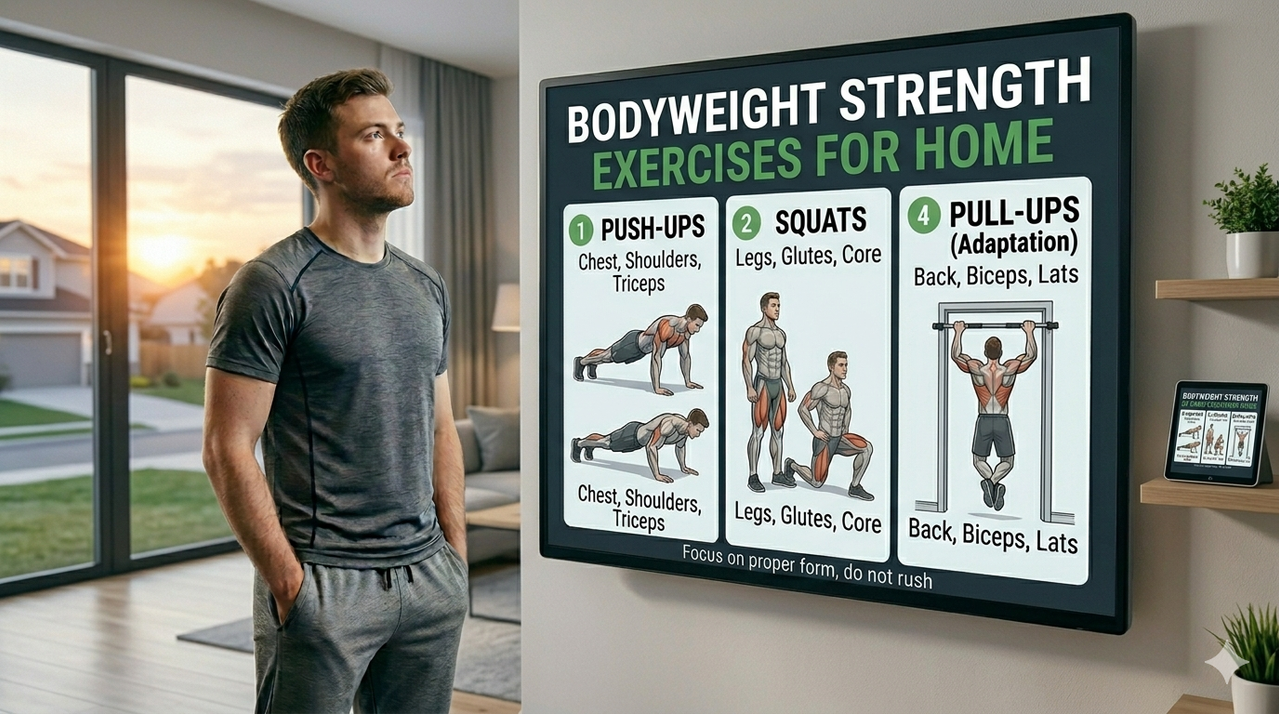 Bodyweight strength exercises for home including push-ups, squats, lunges, pull-ups, and planks for calisthenics training