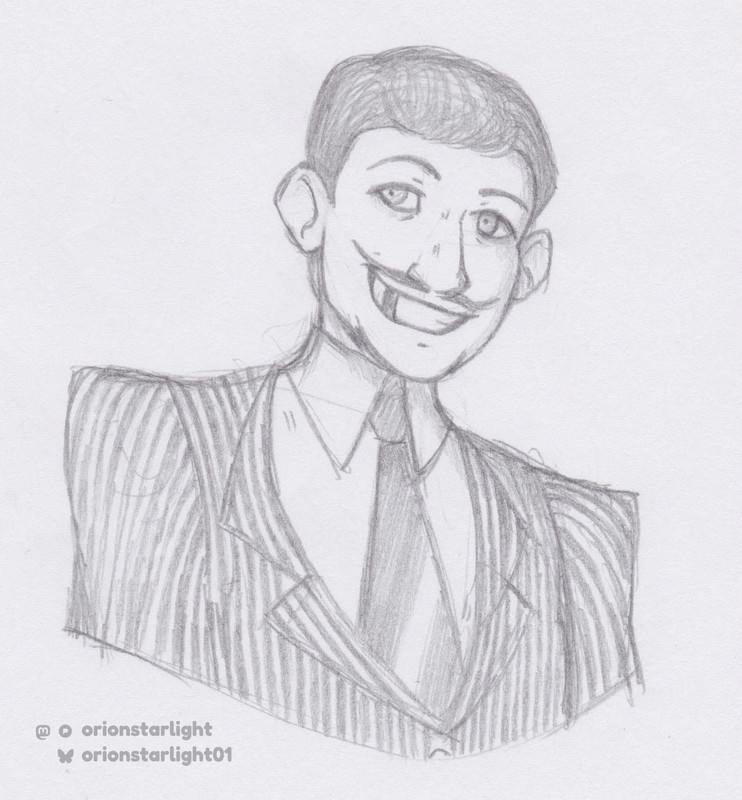 My drawing of Gomez Addams from the 1964 Addams Family show where he is portrayed by John Astin. He is grinning maniacally at the viewer.