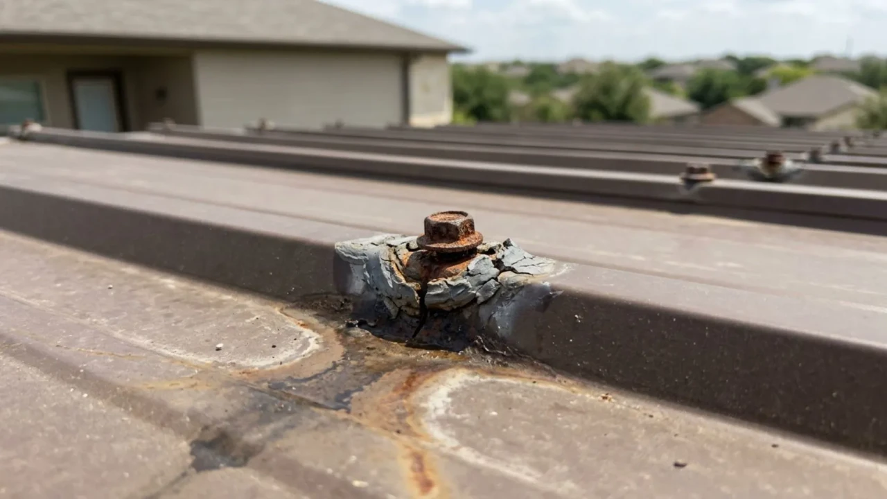 Failed fastener and sealant leak points on a San Antonio metal roof