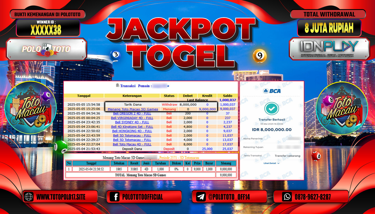 POLOTOTO JACKPOT TOGEL TOTO MACAU 5D Rp.8.000.000,-
