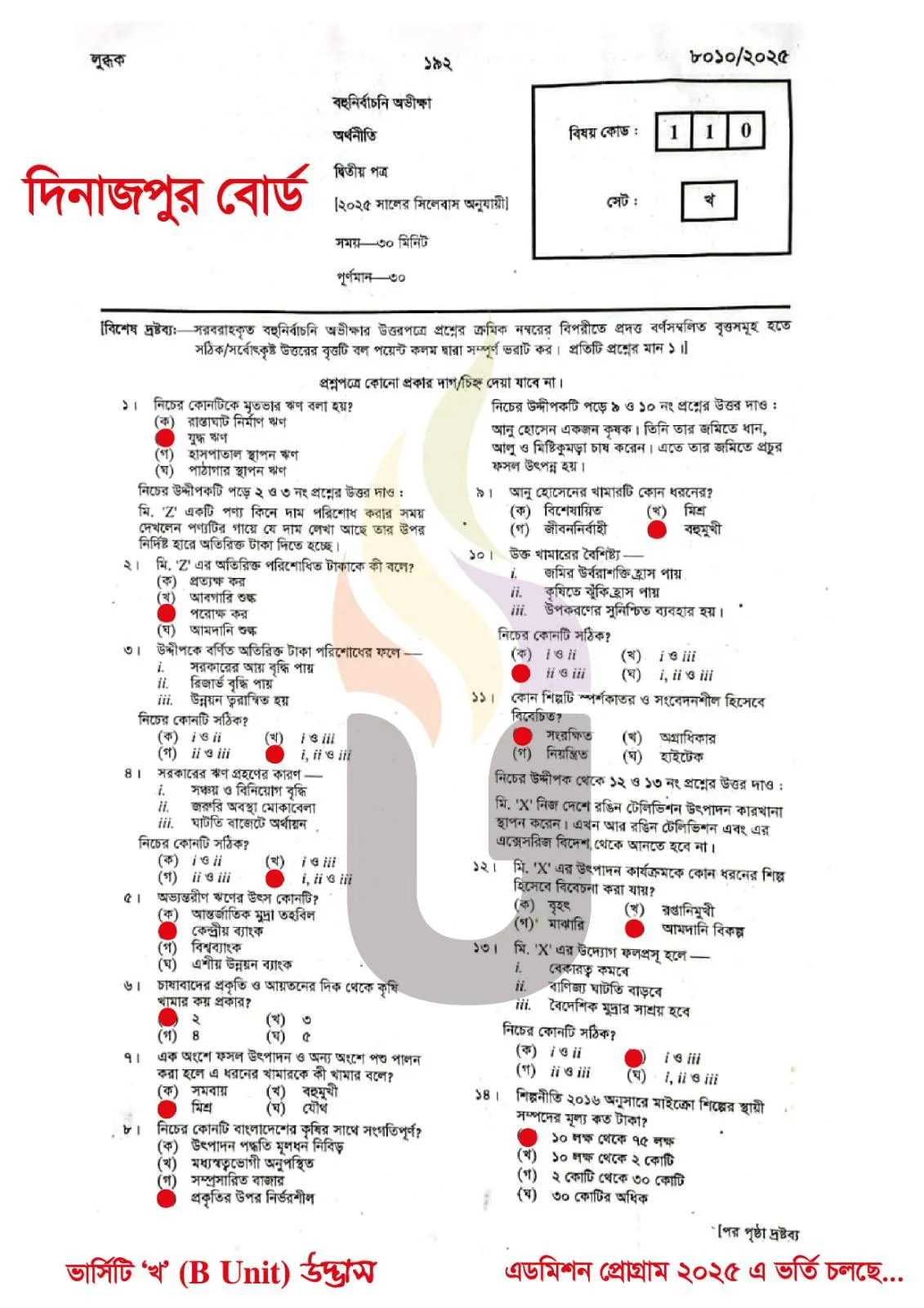 Economics 2nd Paper MCQ Question solution Dinajpur Board HSC 2025