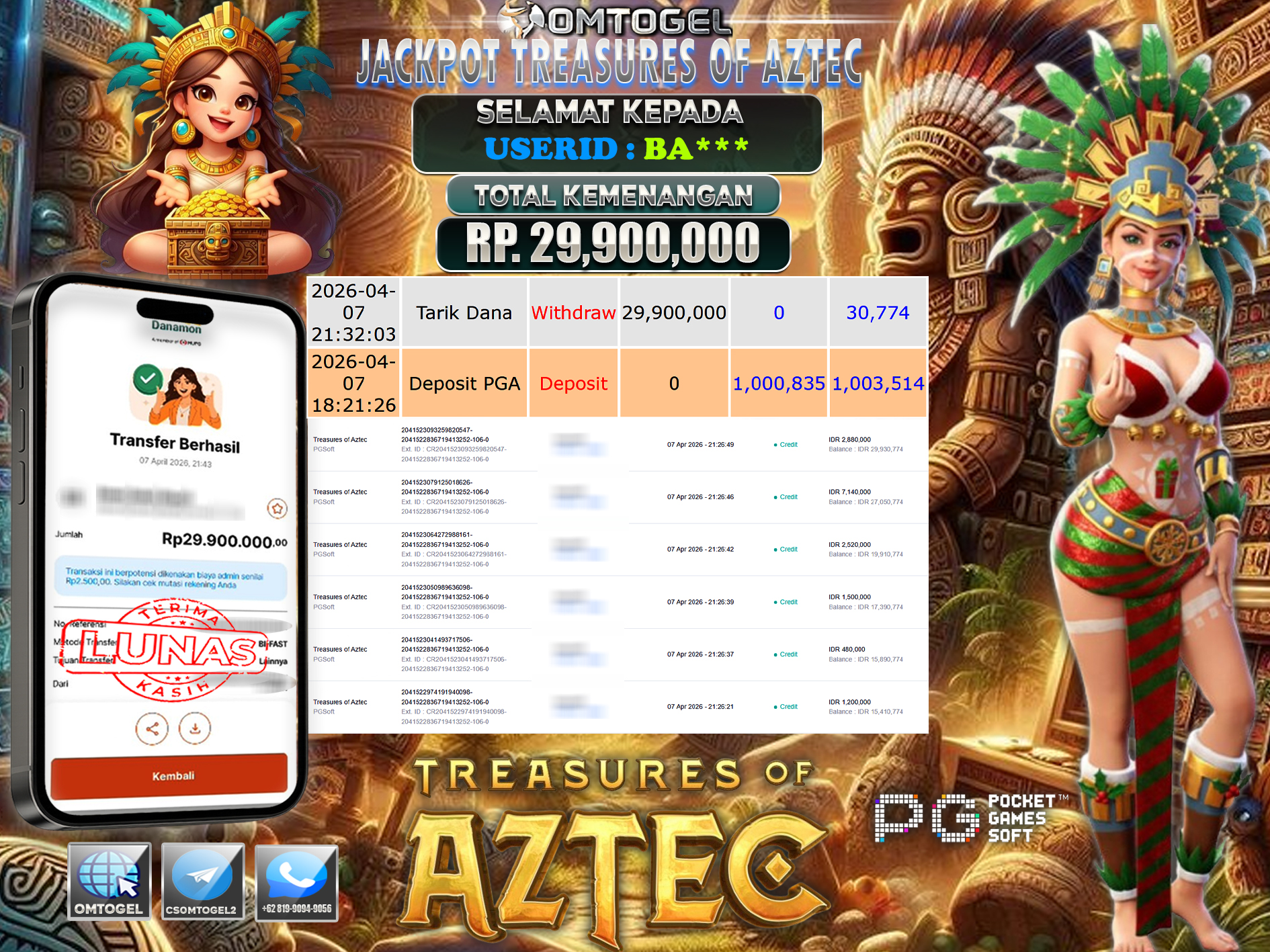 OMTOGEL JACKPOT PGSOFT TREASURES OF AZTEC ,29 JUTA DI BAYAR LUNAS ,-