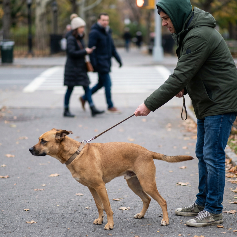 Owner walking reactive dog in park
