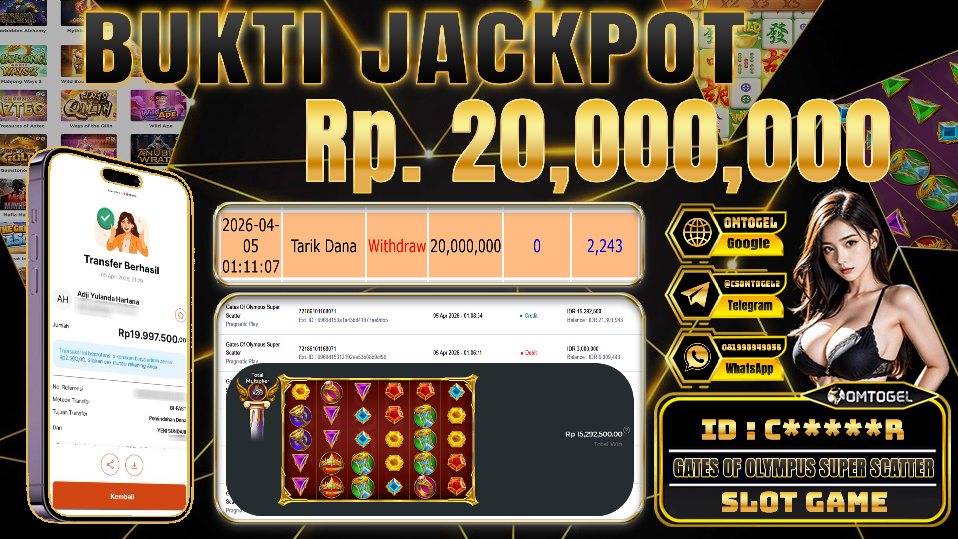 OMTOGEL JACKPOT PRAGMATIC PLAY GATES OF OLYMPUS SUPER SCATTER , 20 JUTA DI BAYAR LUNAS ,-