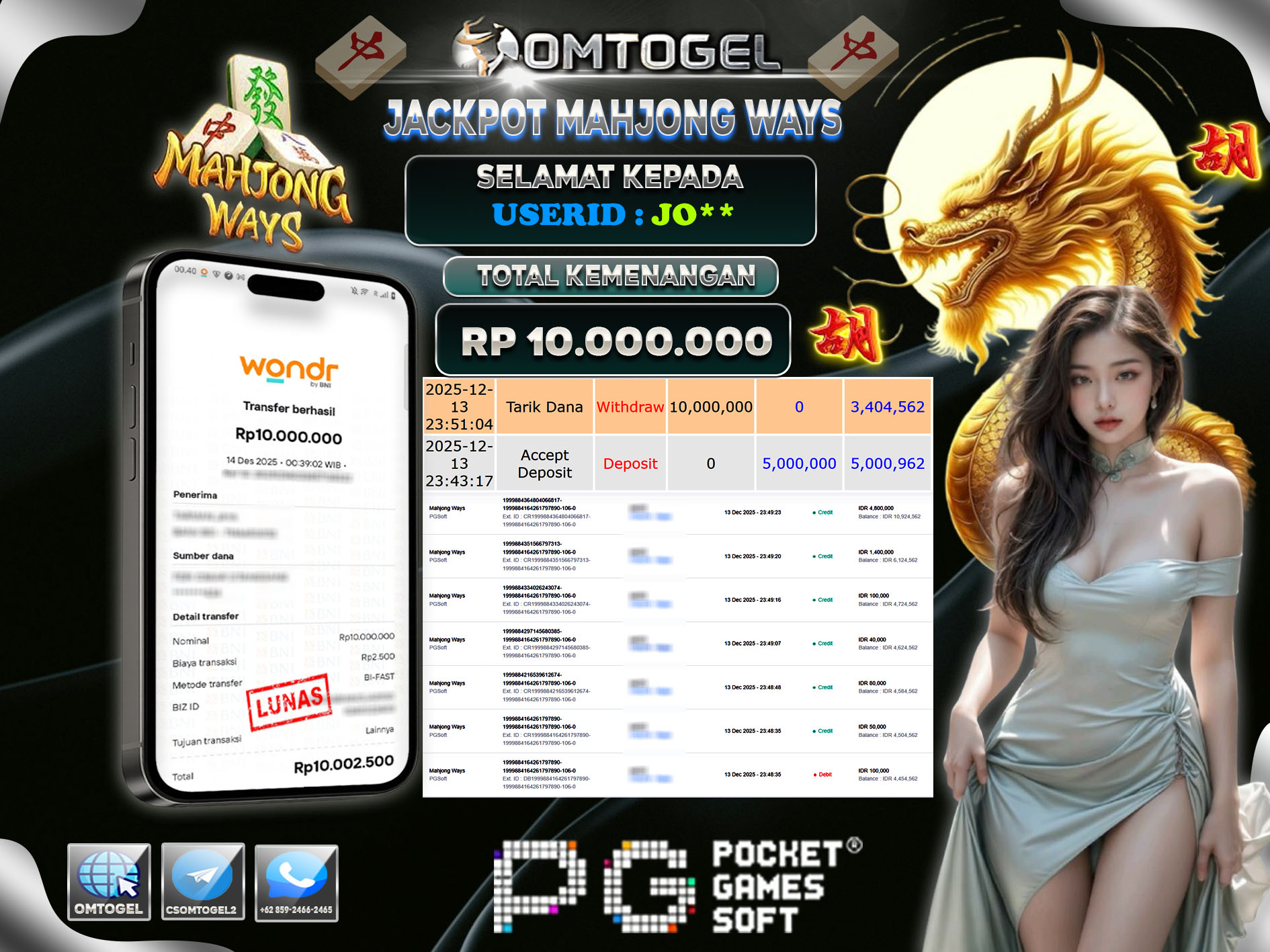 OMTOGEL JACKPOT PG SOFT MAHJONG WAYS ,10 JUTA DI BAYAR LUNAS ,-