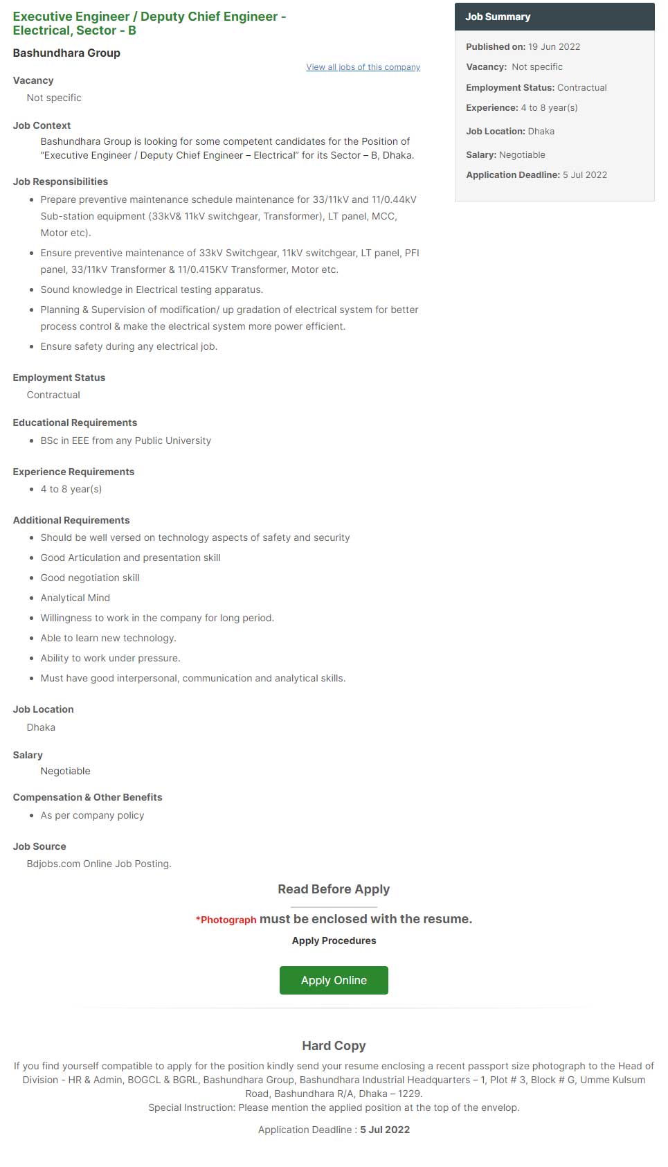 Executive Engineer Bashundhara Group Job circular 2022