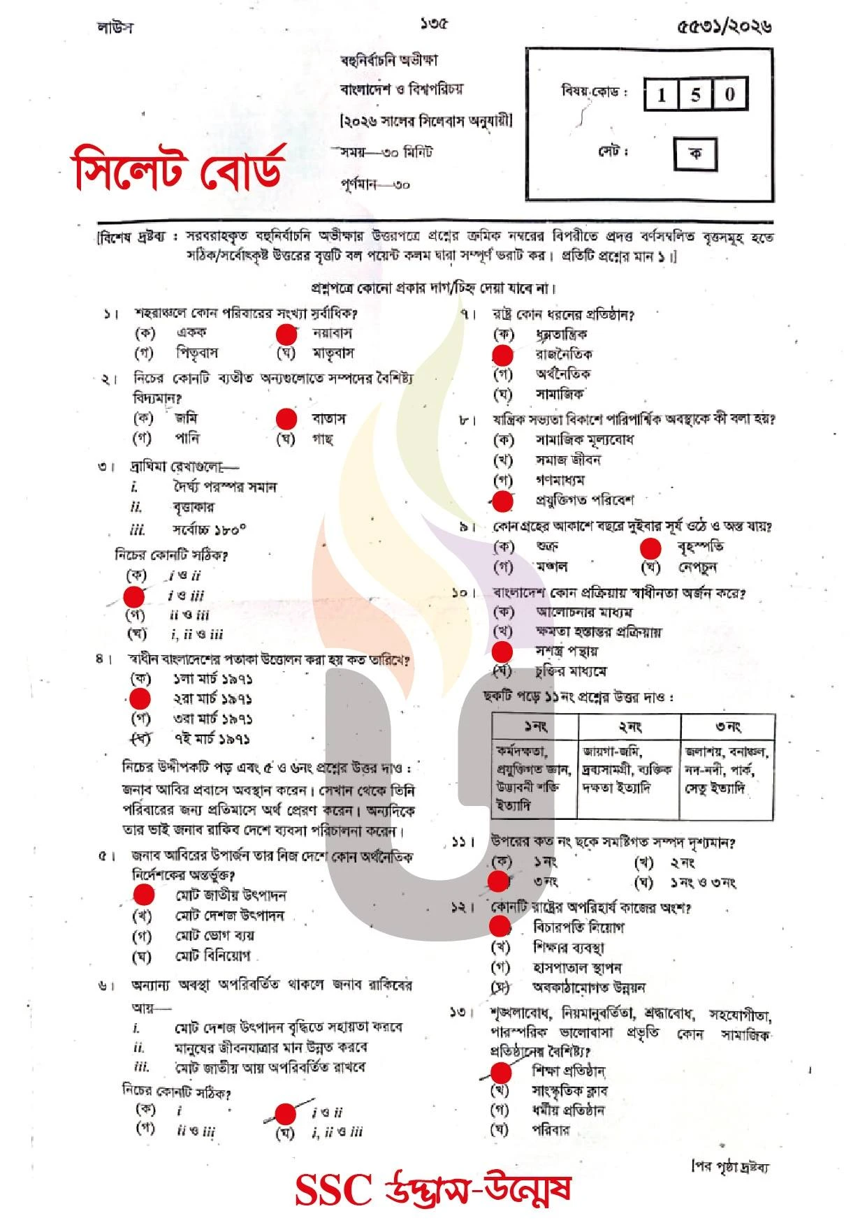 Bangladesh and Global Studies MCQ Exam Question Solution Sylhet Board 2026