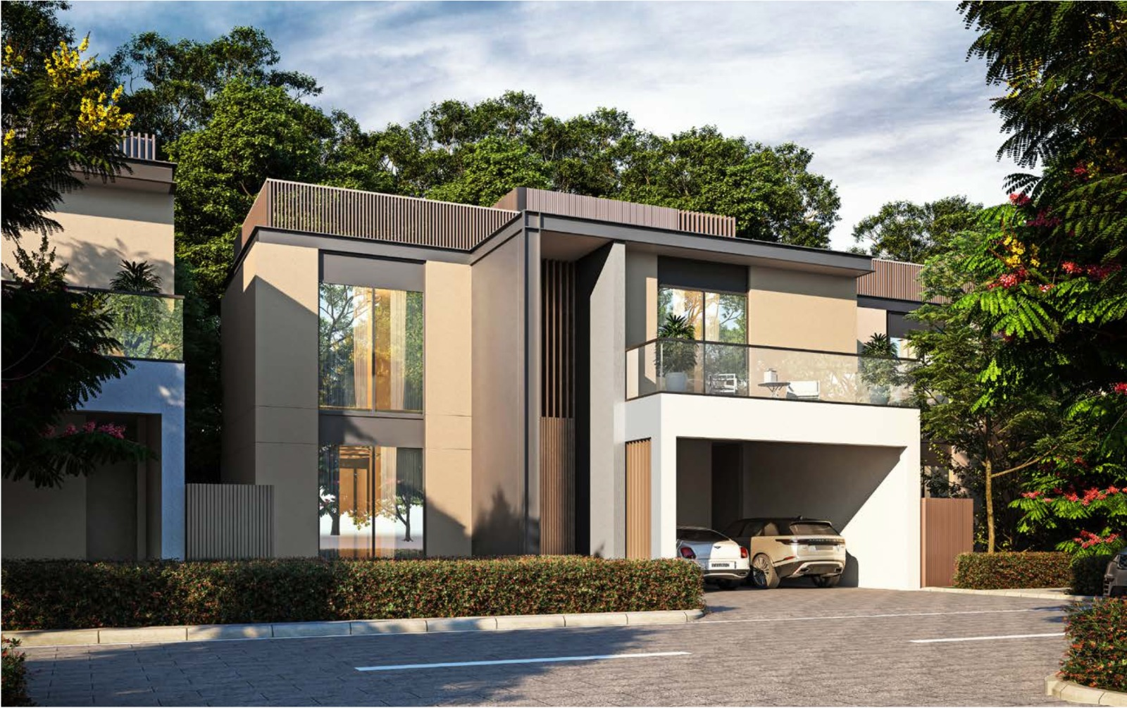 Luxury Sobha Reserve villa exterior architectural rendering in Dubailand featuring contemporary design, landscaped gardens and private pool environment – Sobha Reserve Distress Deal investment opportunity