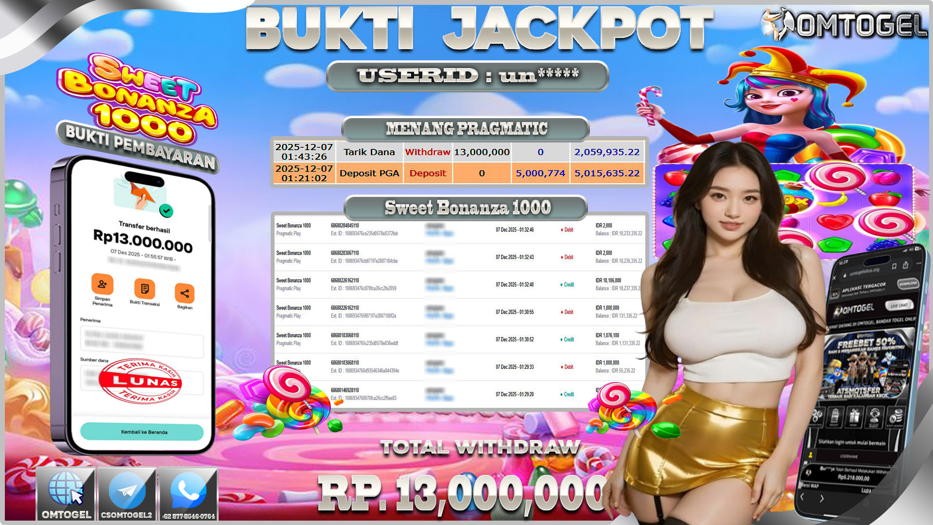 OMTOGEL JACKPOT PRAGMATIC PLAY SWEET BONANZA 1000  ,13 JUTA DI BAYAR LUNAS ,-