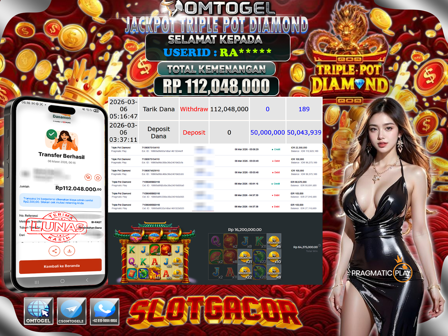 OMTOGEL JACKPOT PRAGMATIC PLAY TRIPLE POT DIAMOND, 112 JUTA DI BAYAR LUNAS ,-