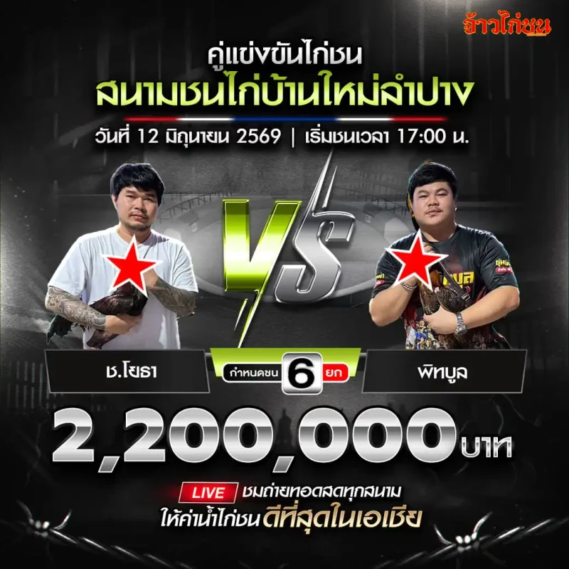 ช.โยธา vs พิทบูล สนามชนไก่บ้านใหม่ลำปาง 12 มิถุนายน 2569