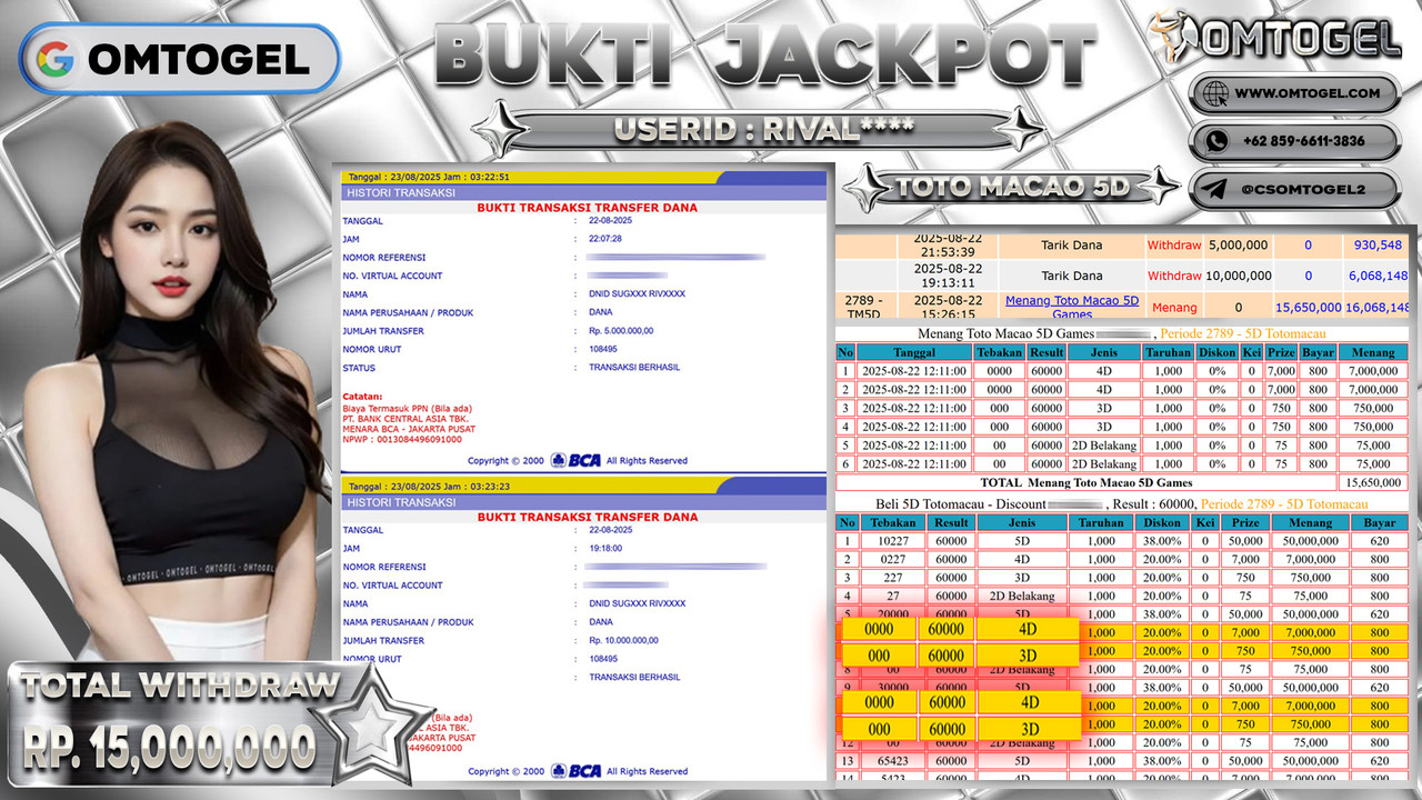 OMTOGEL JACKPOT TOTO MACAU 5D MODE 4D 3D 15 JUTA DI BAYAR LUNAS ,-
