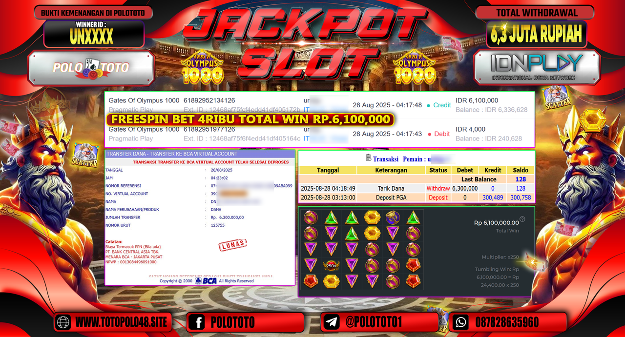 POLOTOTO JACKPOT SLOT GATES OF OLYMPUS 1000 Rp.6.300.000,- LUNAS
