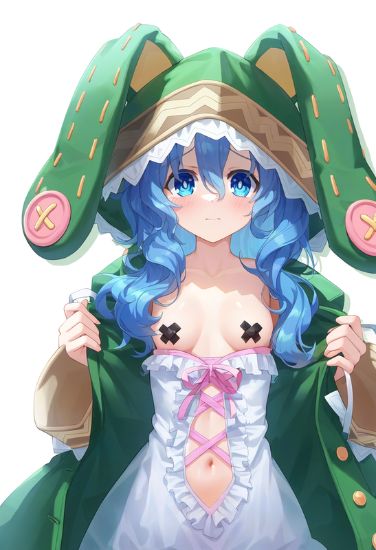 1girl, yoshino (date a live), blue hair, blue eye, Green Coat, animal hood down, s-2645799902