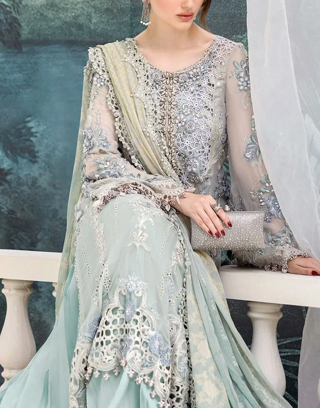 Ice-Blue 3D Cutwork Chiffon Unstitched Wedding Dress – Pearl & Zari Work Pakistani Dress