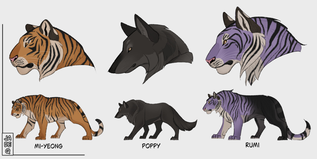 Miyeong as a tiger, Poppy as a wolf and Rumi as a tiger-wolf hybrid shifter